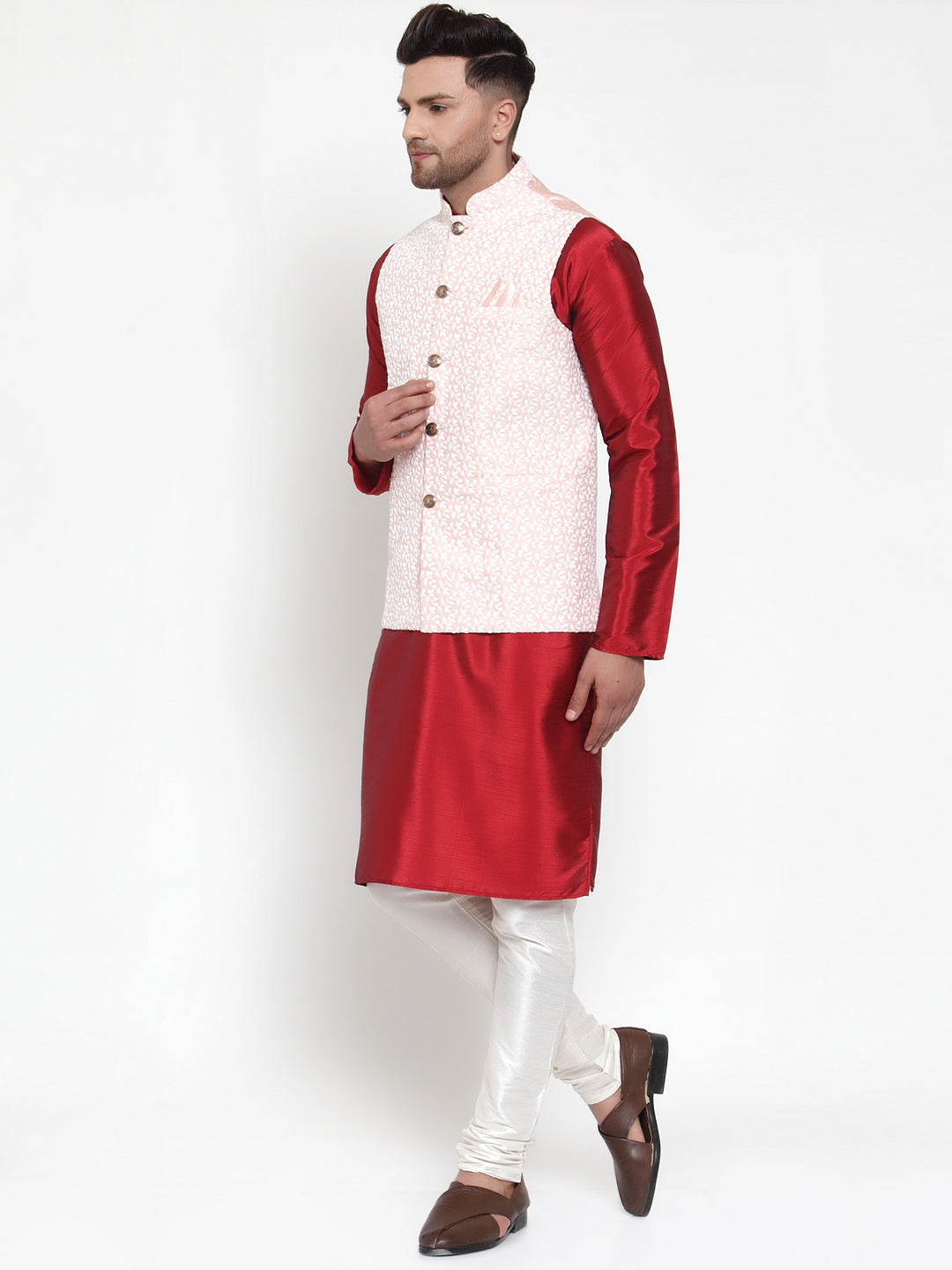 Jompers Men's Solid Dupion Kurta Pajama with Embroidered Nehru Jacket (Pink) - Distacart