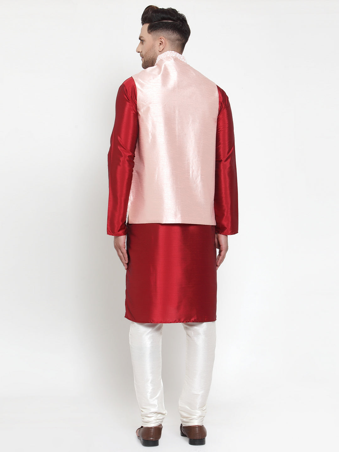Jompers Men's Solid Dupion Kurta Pajama with Embroidered Nehru Jacket (Pink) - Distacart