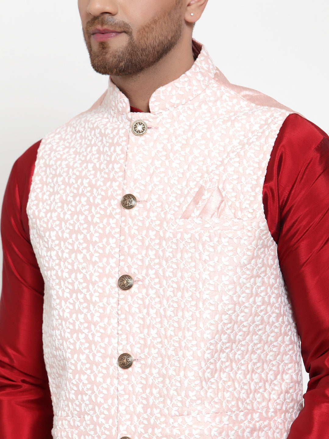 Jompers Men's Solid Dupion Kurta Pajama with Embroidered Nehru Jacket (Pink) - Distacart