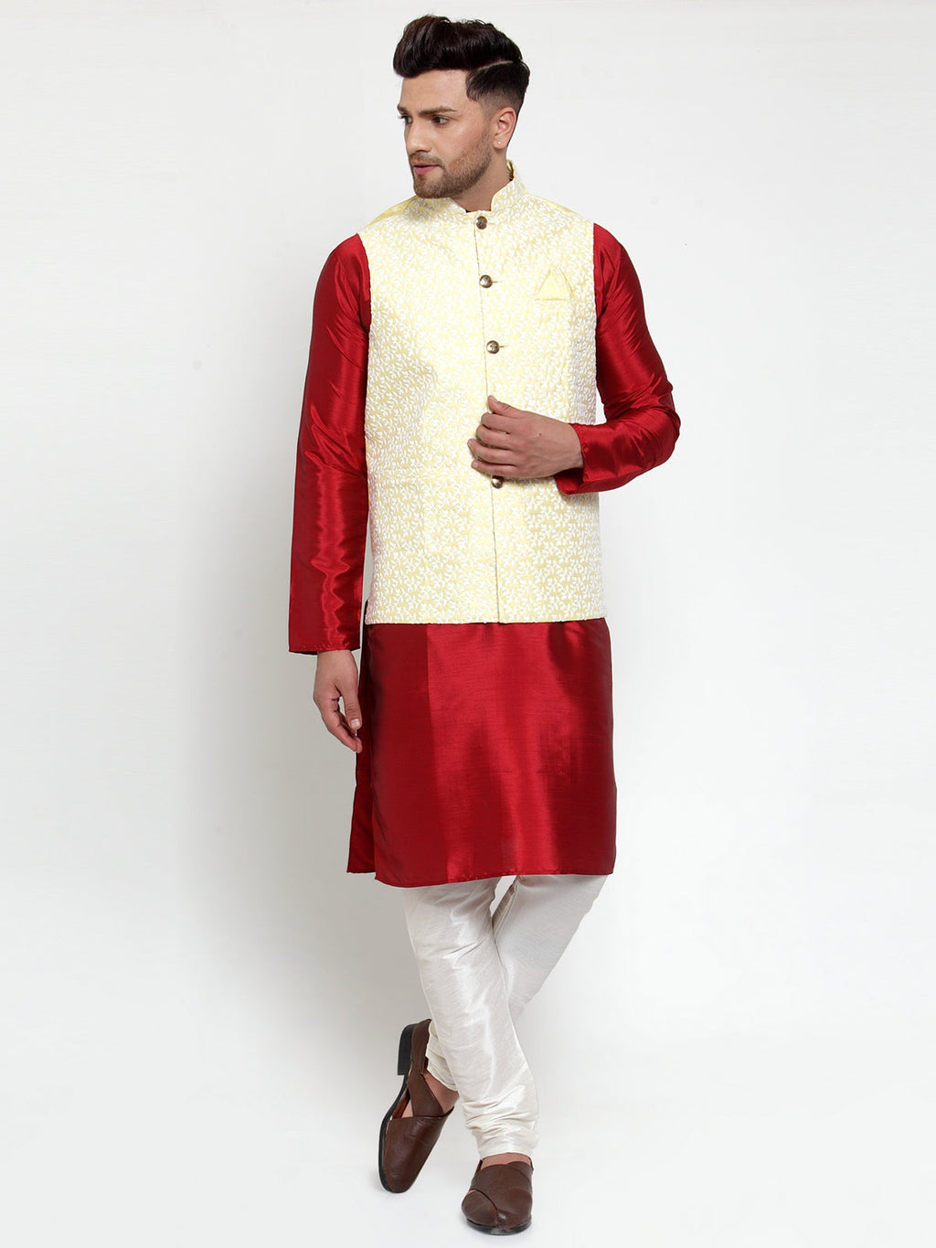 Jompers Men's Solid Dupion Kurta Pajama with Embroidered Nehru Jacket (Yellow) - Distacart