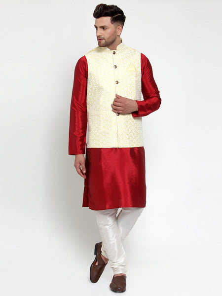 Jompers Men's Solid Dupion Kurta Pajama with Embroidered Nehru Jacket (Yellow & Maroon)