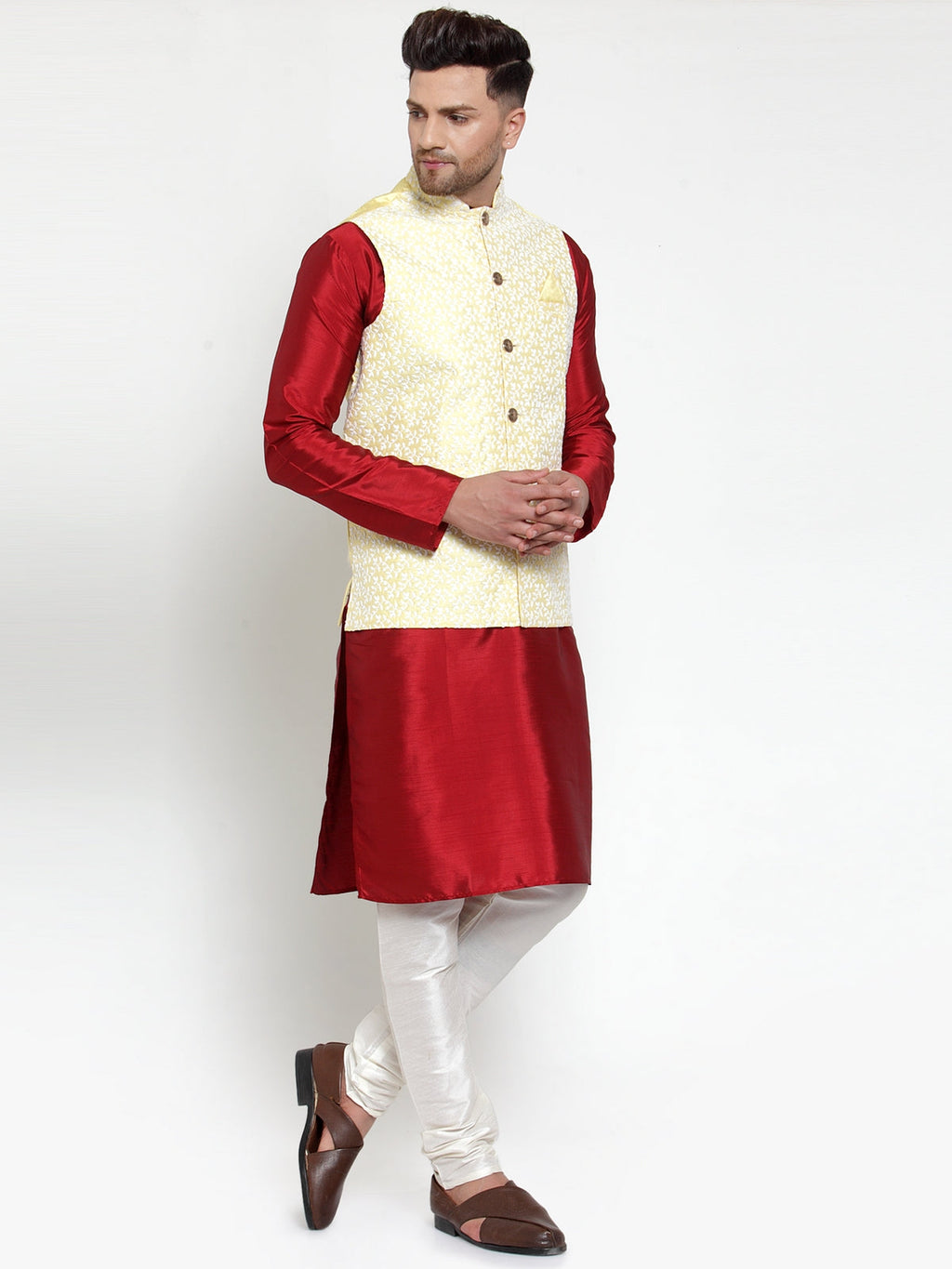 Jompers Men's Solid Dupion Kurta Pajama with Embroidered Nehru Jacket (Yellow) - Distacart
