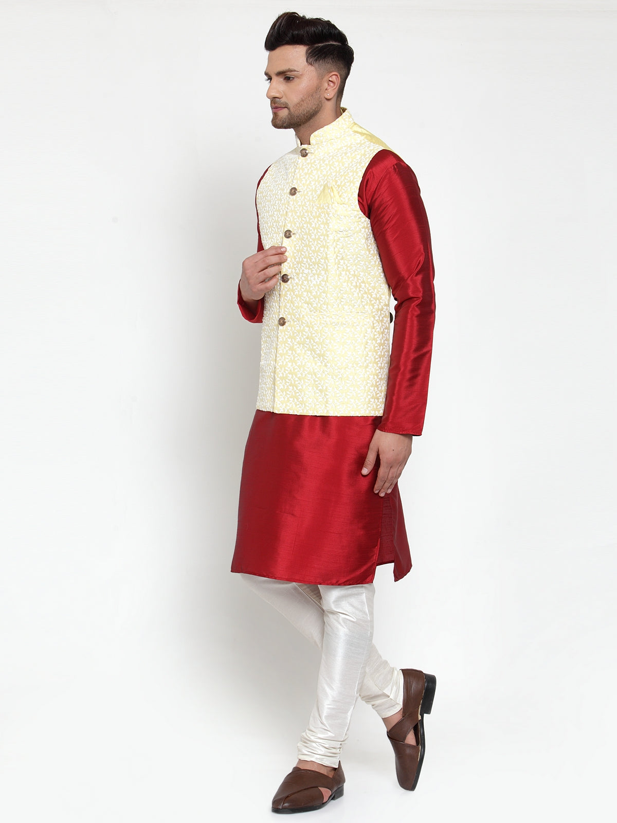 Jompers Men's Solid Dupion Kurta Pajama with Embroidered Nehru Jacket (Yellow) - Distacart