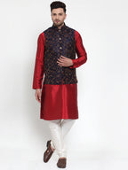 Jompers Men's Solid Dupion Kurta Pajama with Woven Nehru Jacket (Navy) - Distacart