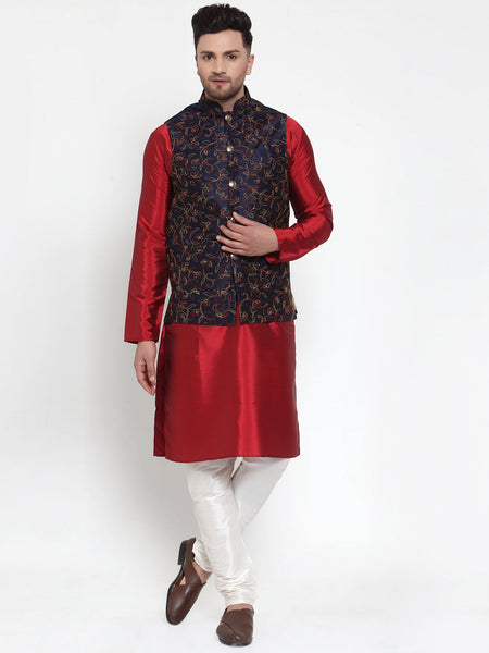 Jompers Men's Solid Dupion Kurta Pajama with Woven Nehru Jacket