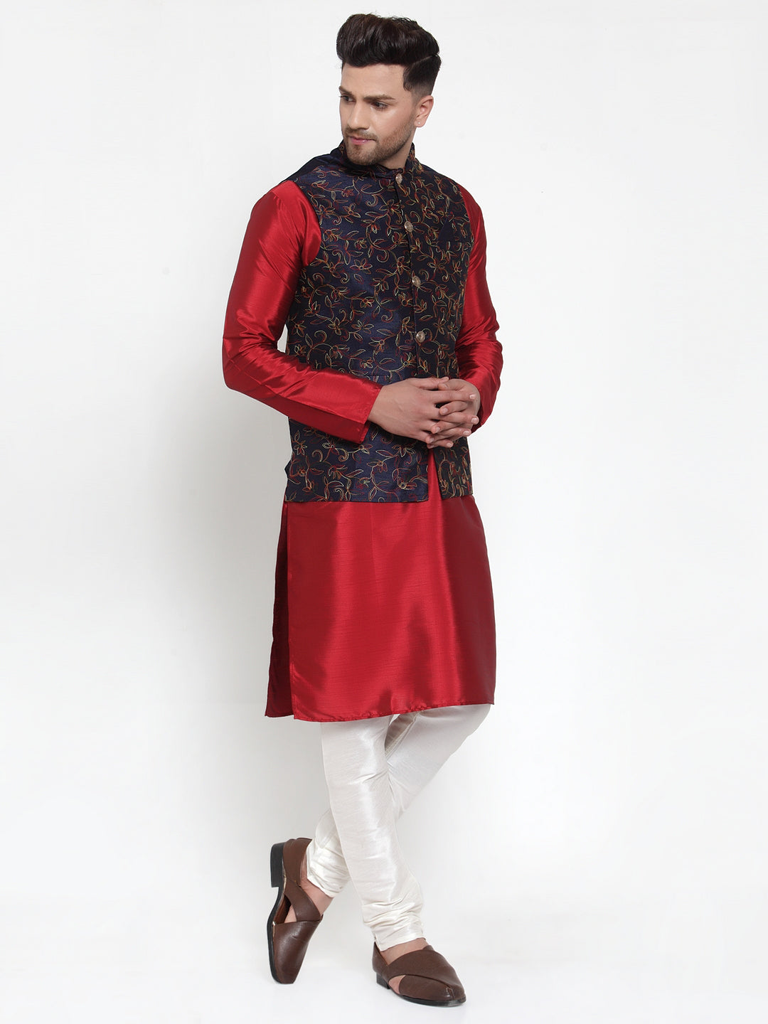 Jompers Men's Solid Dupion Kurta Pajama with Woven Nehru Jacket (Navy) - Distacart