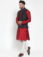 Jompers Men's Solid Dupion Kurta Pajama with Woven Nehru Jacket (Navy) - Distacart