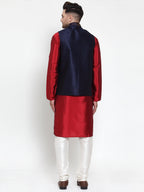 Jompers Men's Solid Dupion Kurta Pajama with Woven Nehru Jacket (Navy) - Distacart