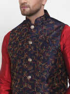 Jompers Men's Solid Dupion Kurta Pajama with Woven Nehru Jacket (Navy) - Distacart