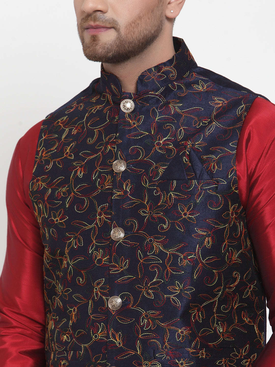 Jompers Men's Solid Dupion Kurta Pajama with Woven Nehru Jacket (Navy) - Distacart