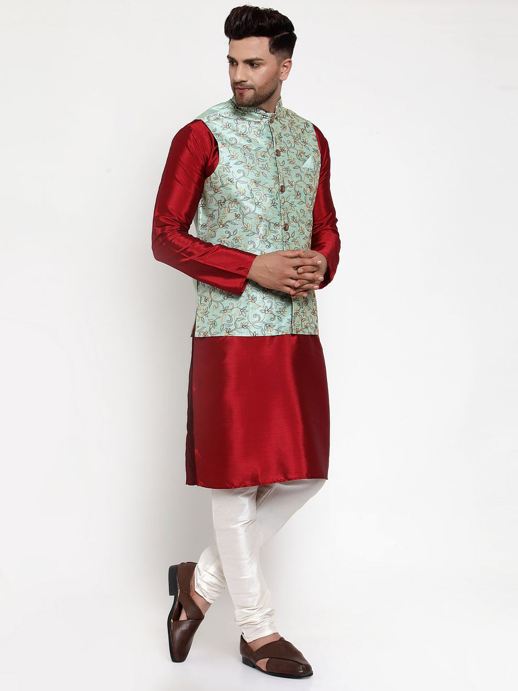 Jompers Men's Solid Dupion Kurta Pajama with Woven Nehru Jacket (Sky) - Distacart