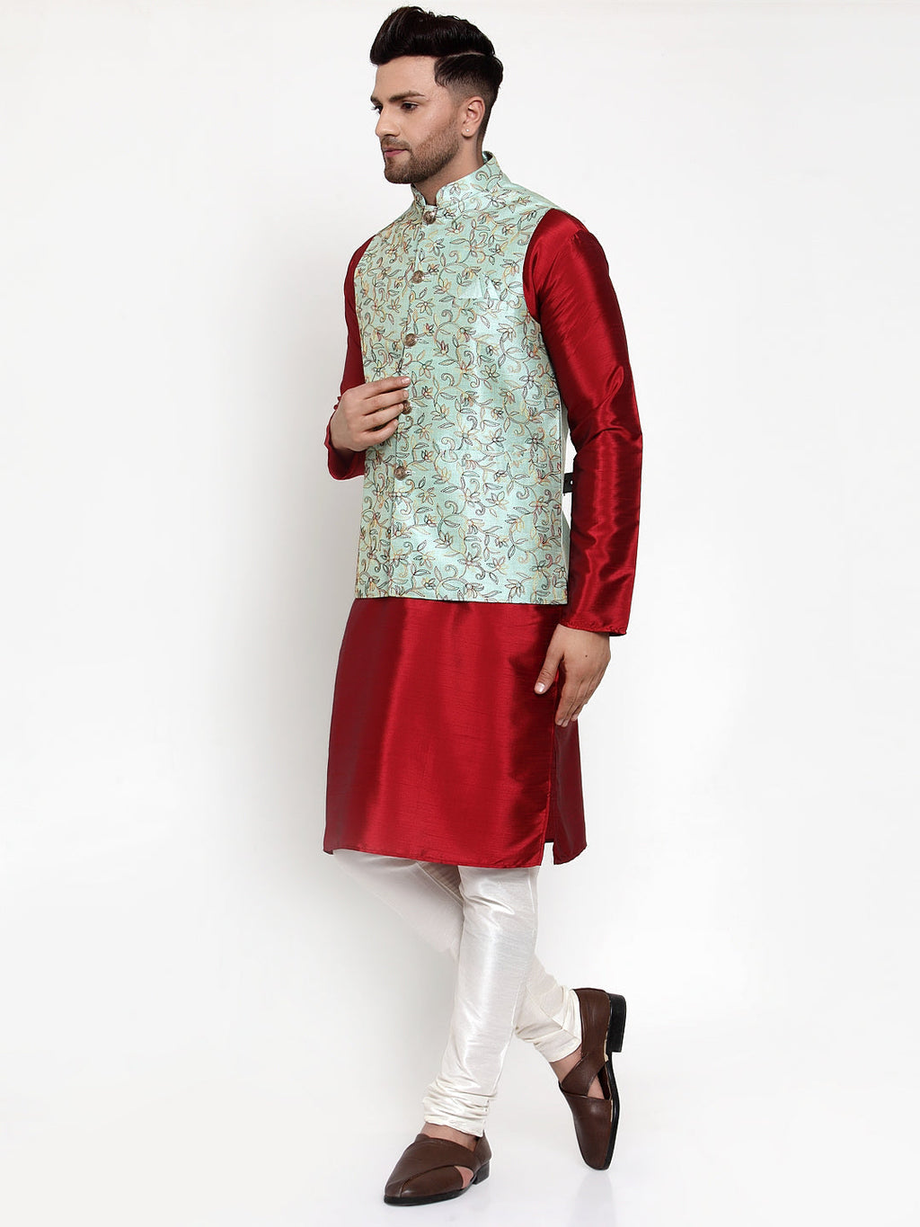 Jompers Men's Solid Dupion Kurta Pajama with Woven Nehru Jacket (Sky) - Distacart