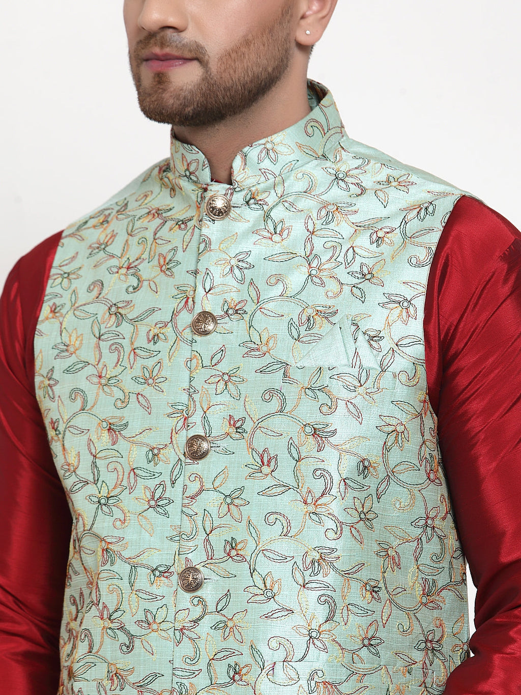 Jompers Men's Solid Dupion Kurta Pajama with Woven Nehru Jacket (Sky) - Distacart