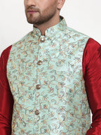Jompers Men's Solid Dupion Kurta Pajama with Woven Nehru Jacket (Sky) - Distacart
