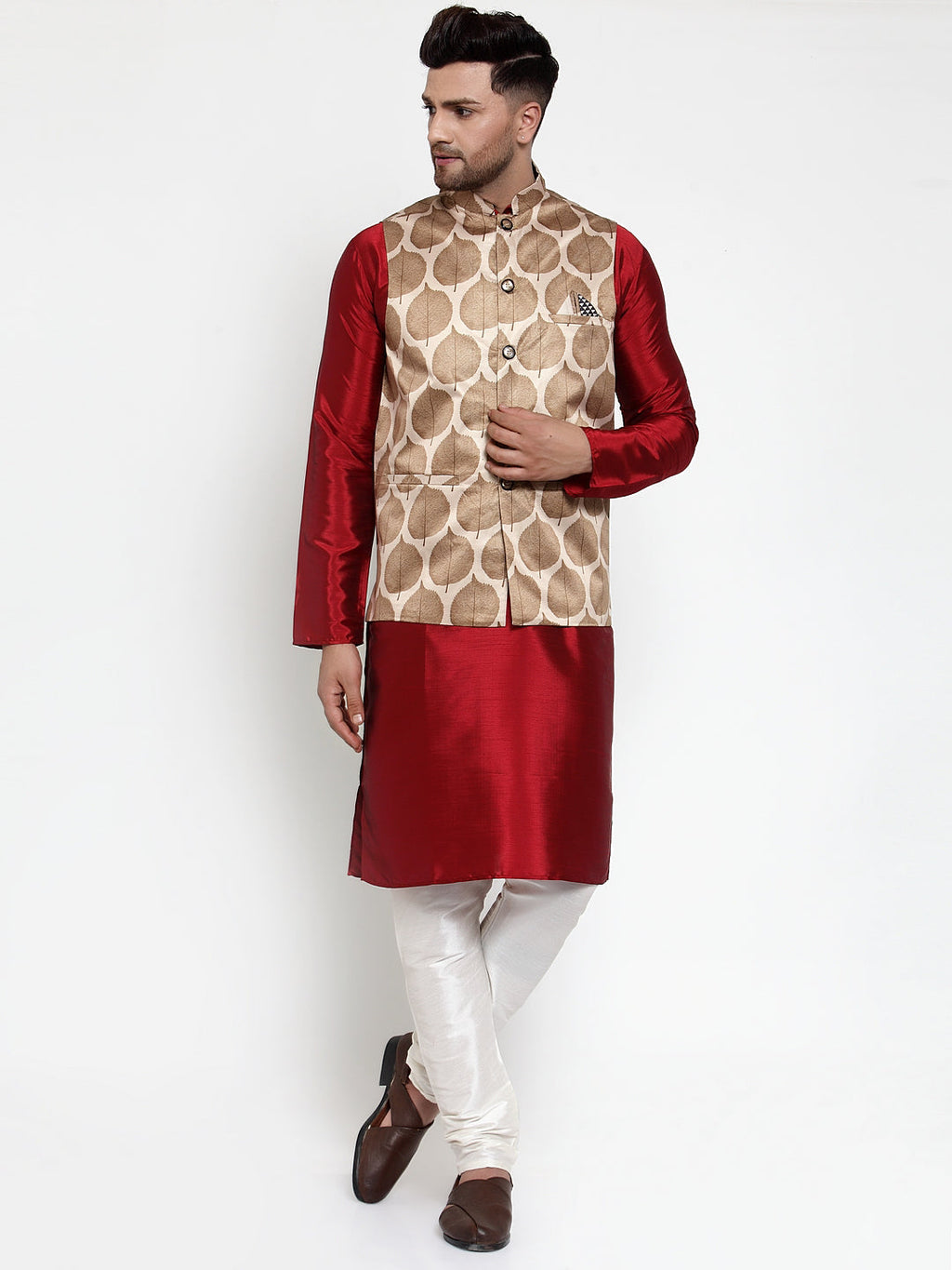 Jompers Men's Solid Dupion Kurta Pajama with Printed Nehru Jacket (Brown) - Distacart