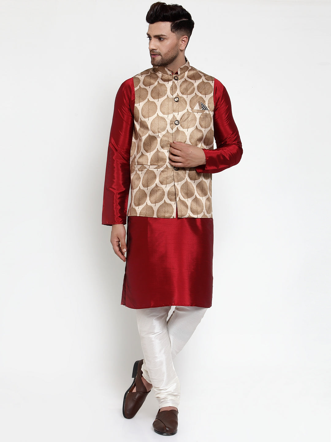 Jompers Men's Solid Dupion Kurta Pajama with Printed Nehru Jacket (Brown) - Distacart