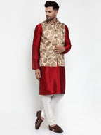 Jompers Men's Solid Dupion Kurta Pajama with Printed Nehru Jacket (Brown) - Distacart