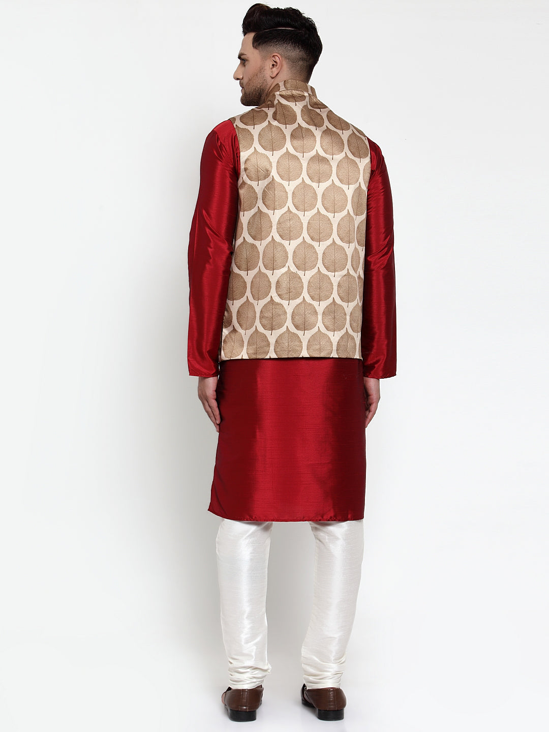 Jompers Men's Solid Dupion Kurta Pajama with Printed Nehru Jacket (Brown) - Distacart