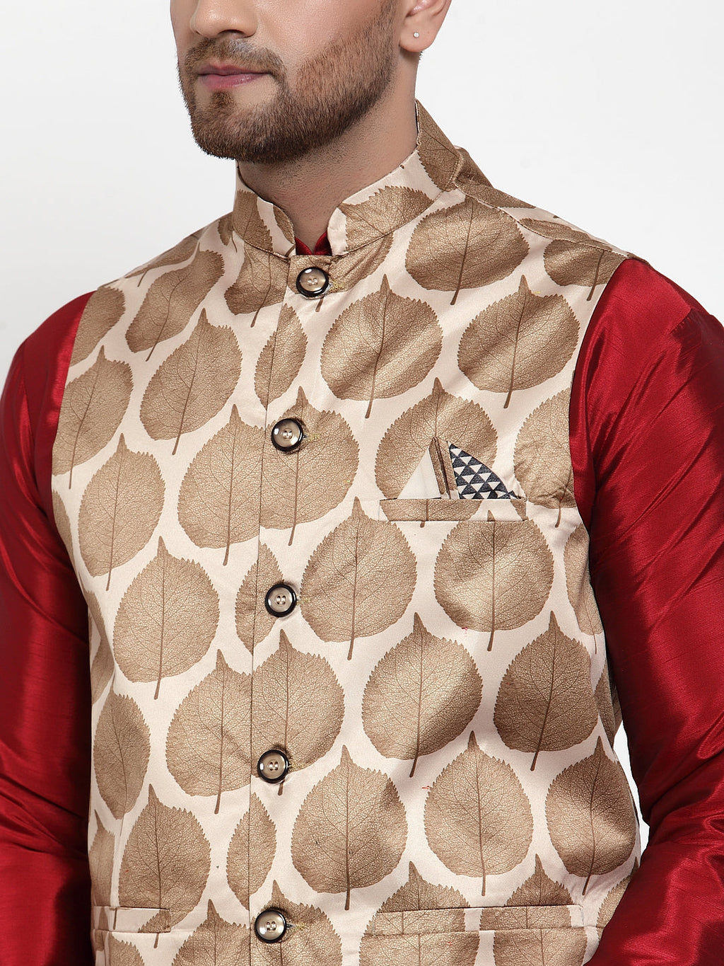 Jompers Men's Solid Dupion Kurta Pajama with Printed Nehru Jacket (Brown) - Distacart