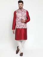 Jompers Men's Solid Dupion Kurta Pajama with Printed Nehru Jacket (Pink) - Distacart