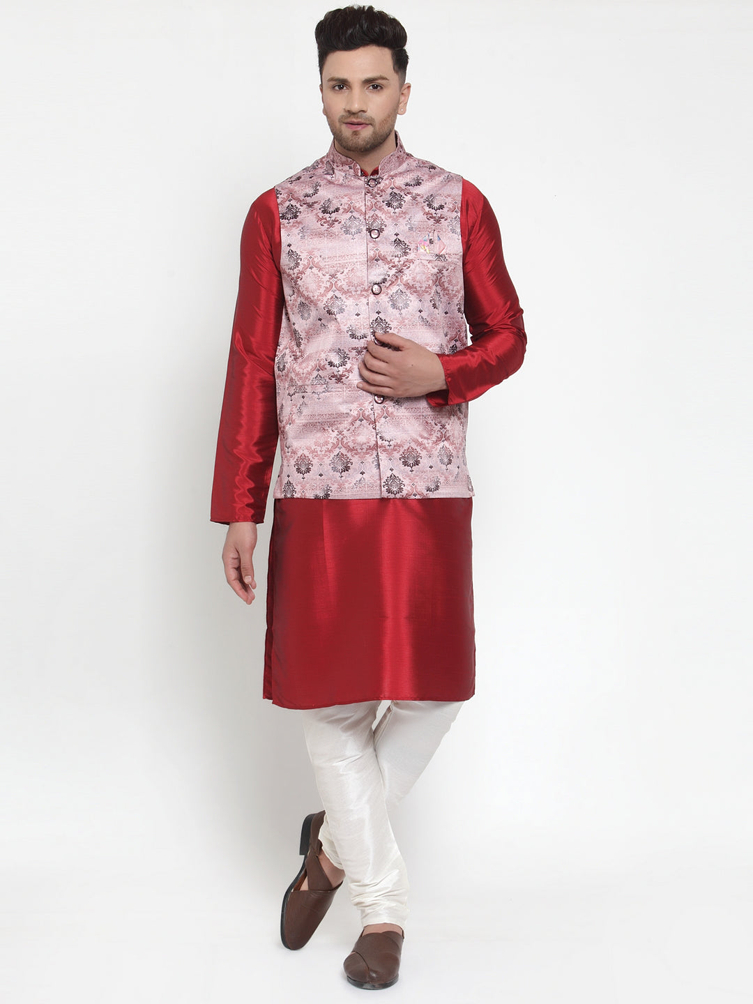 Jompers Men's Solid Dupion Kurta Pajama with Printed Nehru Jacket (Pink) - Distacart