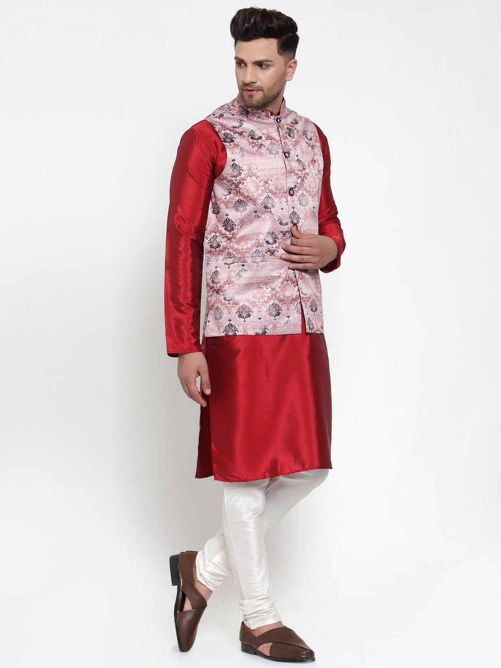 Jompers Men's Solid Dupion Kurta Pajama with Printed Nehru Jacket (Pink) - Distacart