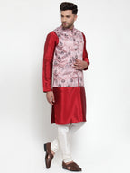 Jompers Men's Solid Dupion Kurta Pajama with Printed Nehru Jacket (Pink) - Distacart