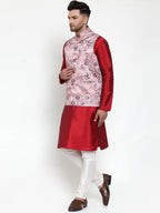 Jompers Men's Solid Dupion Kurta Pajama with Printed Nehru Jacket (Pink) - Distacart