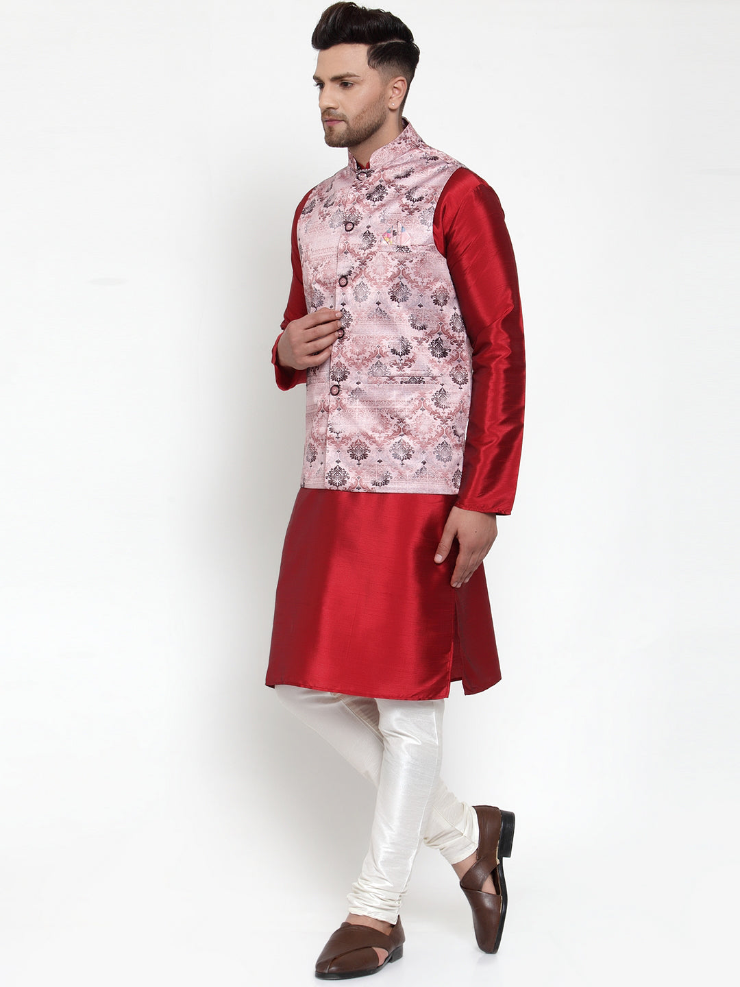 Jompers Men's Solid Dupion Kurta Pajama with Printed Nehru Jacket (Pink) - Distacart