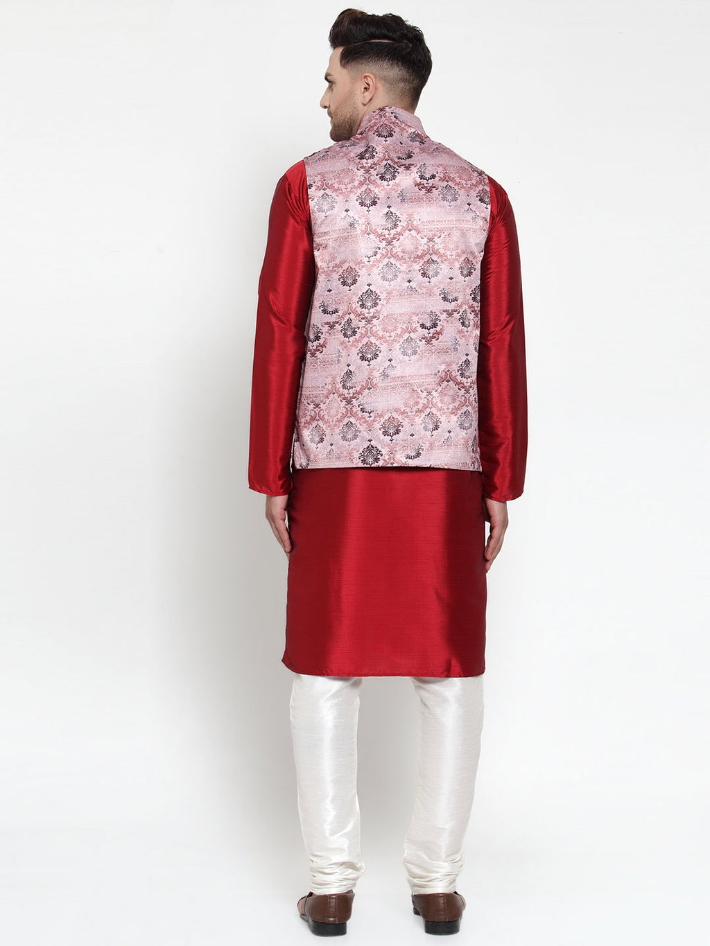 Jompers Men's Solid Dupion Kurta Pajama with Printed Nehru Jacket (Pink) - Distacart