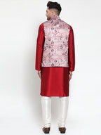 Jompers Men's Solid Dupion Kurta Pajama with Printed Nehru Jacket (Pink) - Distacart