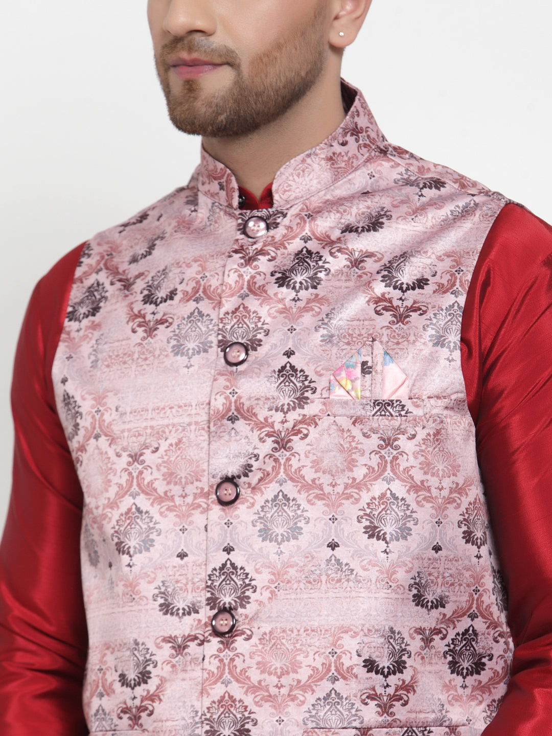 Jompers Men's Solid Dupion Kurta Pajama with Printed Nehru Jacket (Pink) - Distacart