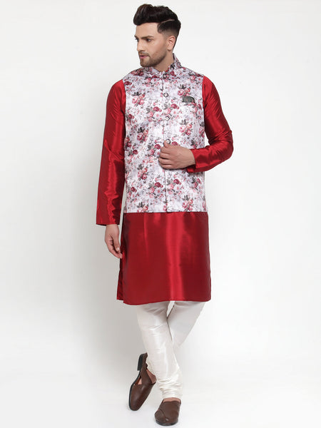 Jompers Men's Solid Dupion Kurta Pajama with Printed Nehru Silver Jacket