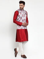 Jompers Men's Solid Dupion Kurta Pajama with Printed Nehru Jacket (Silver) - Distacart