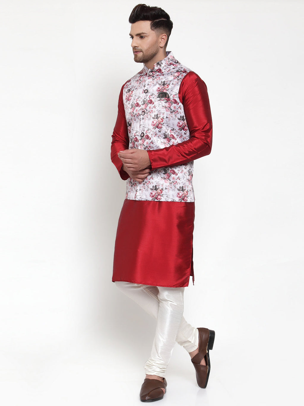 Jompers Men's Solid Dupion Kurta Pajama with Printed Nehru Jacket (Silver) - Distacart
