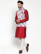 Jompers Men's Solid Dupion Kurta Pajama with Printed Nehru Jacket (Silver) - Distacart