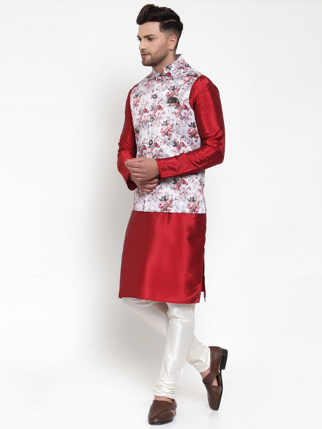 Jompers Men's Solid Dupion Kurta Pajama with Printed Nehru Jacket (Silver) - Distacart