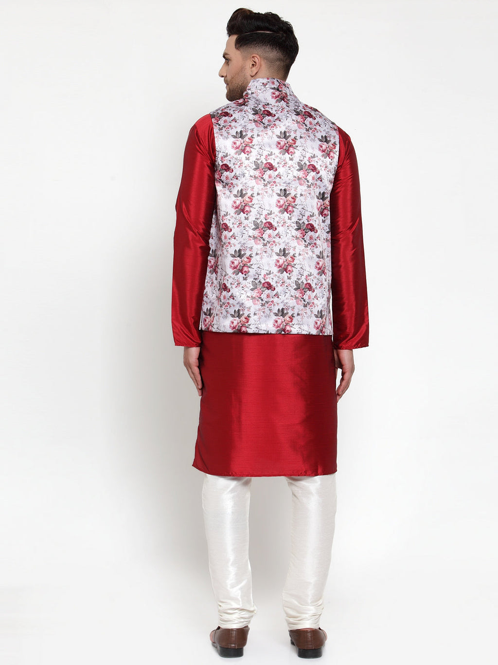Jompers Men's Solid Dupion Kurta Pajama with Printed Nehru Jacket (Silver) - Distacart