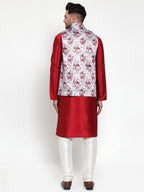 Jompers Men's Solid Dupion Kurta Pajama with Printed Nehru Jacket (Silver) - Distacart