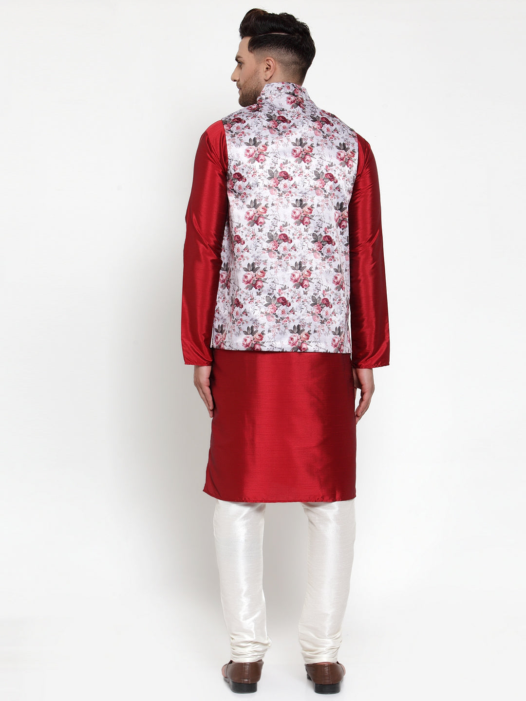 Jompers Men's Solid Dupion Kurta Pajama with Printed Nehru Jacket (Silver) - Distacart