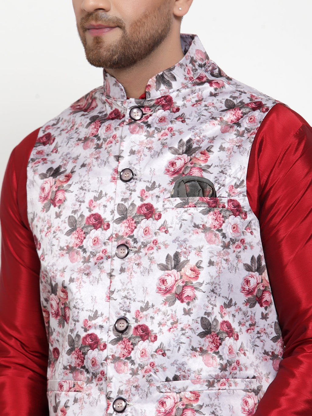 Jompers Men's Solid Dupion Kurta Pajama with Printed Nehru Jacket (Silver) - Distacart