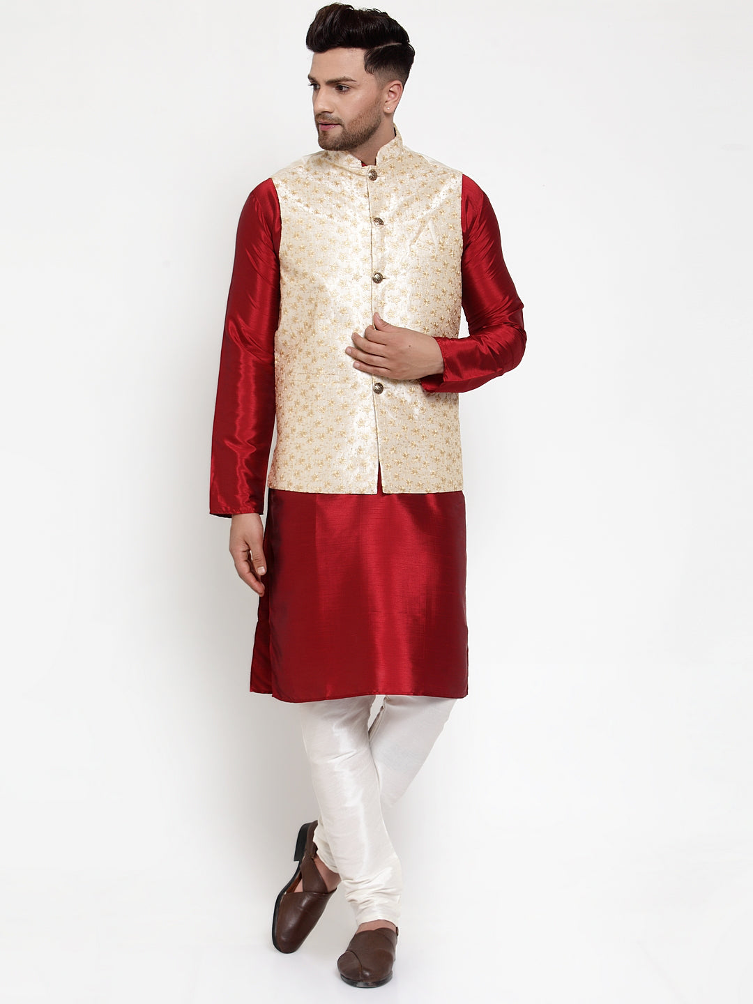 Jompers Men's Solid Dupion Kurta Pajama with Embroidered Nehru Jacket (Cream) - Distacart