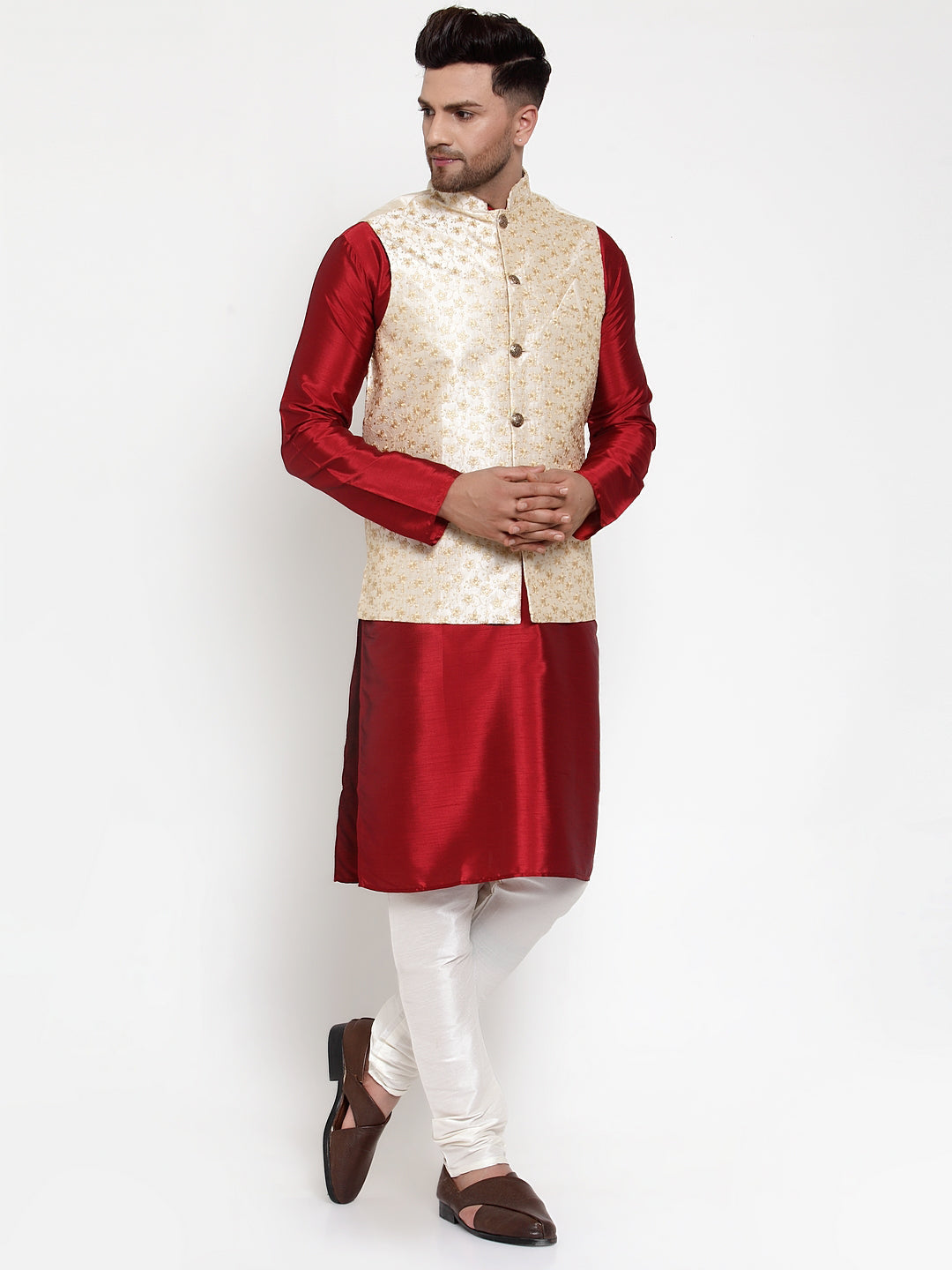 Jompers Men's Solid Dupion Kurta Pajama with Embroidered Nehru Jacket (Cream) - Distacart