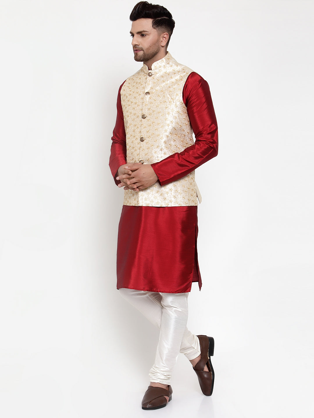 Jompers Men's Solid Dupion Kurta Pajama with Embroidered Nehru Jacket (Cream) - Distacart