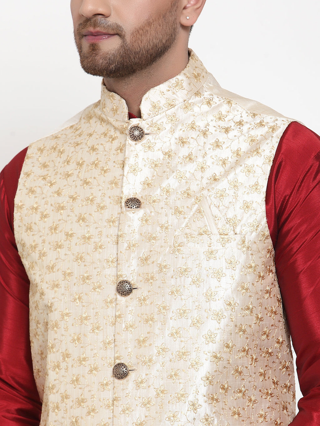 Jompers Men's Solid Dupion Kurta Pajama with Embroidered Nehru Jacket (Cream) - Distacart