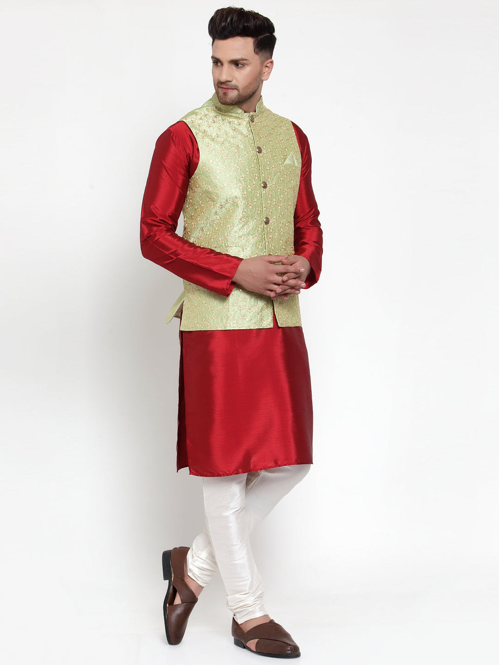 Jompers Men's Solid Dupion Kurta Pajama with Embroidered Nehru Jacket (Green) - Distacart