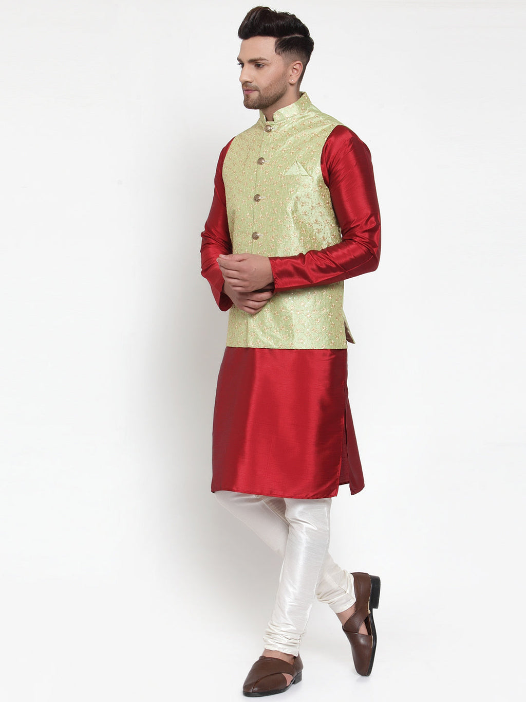 Jompers Men's Solid Dupion Kurta Pajama with Embroidered Nehru Jacket (Green) - Distacart