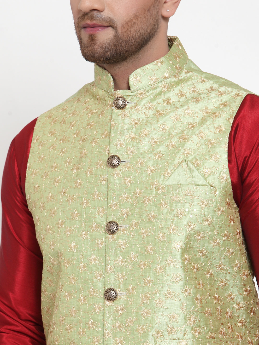Jompers Men's Solid Dupion Kurta Pajama with Embroidered Nehru Jacket (Green) - Distacart