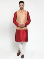 Jompers Men's Solid Dupion Kurta Pajama with Embroidered Nehru Jacket (Peach) - Distacart
