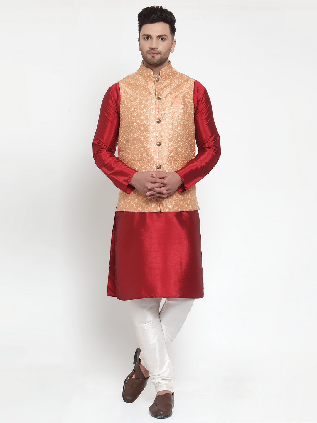 Jompers Men's Solid Dupion Kurta Pajama with Embroidered Nehru Jacket (Peach) - Distacart